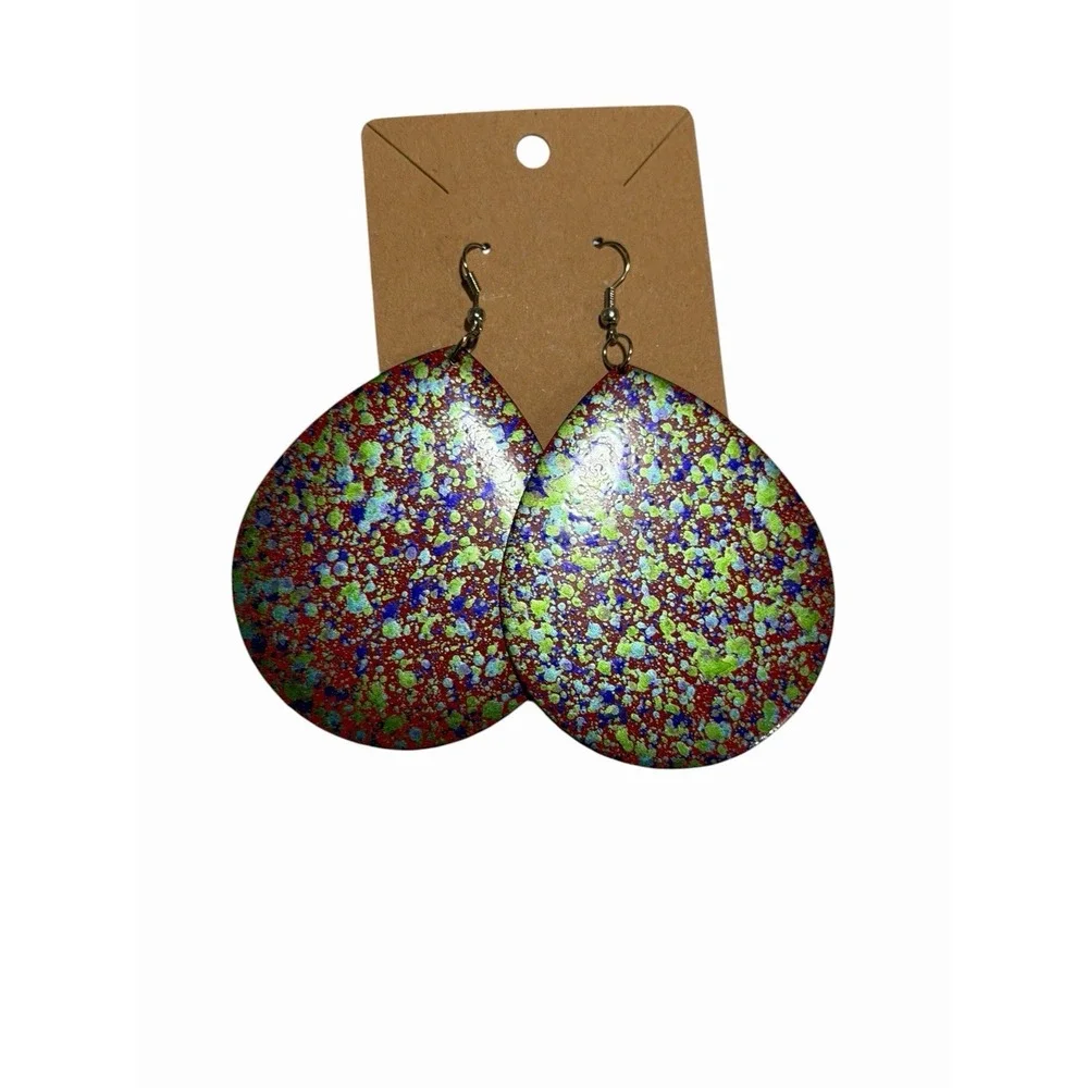 NEW Novelty Fashion EARRINGS retro vintage metal tear drop color splat‎ dangle